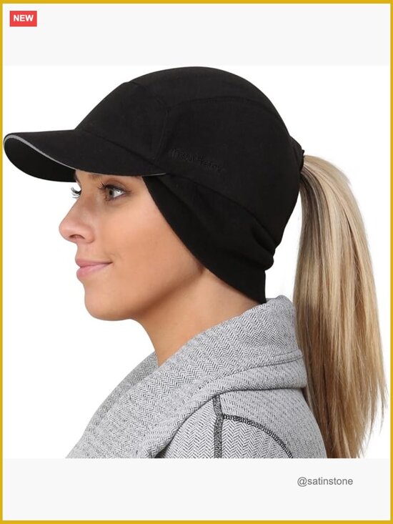 Fleece Ponytail Hat with Ear Warmer Reflective Winter Hat for Workouts